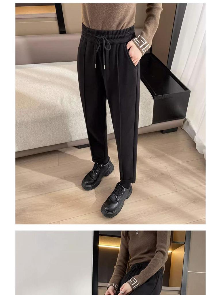 Woolen High-Waist Fleece-Lined Slimming Cigarette Pants, Autumn/Winter, Elastic Waist, Cropped Loose Fit