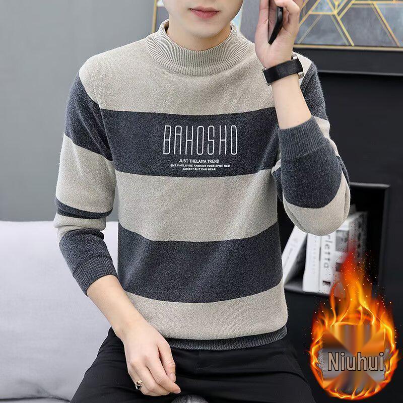 Men's Velvet Half-High Collar Sweater - Thickened, Warm, Autumn/Winter Base Layer Top