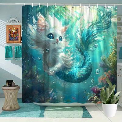 1pc Mermaid Kitten Shower Curtain - Ocean Scene, Fluffy White Cat, Colorful Coral, Polyester,12 Hooks, Enchanting Design