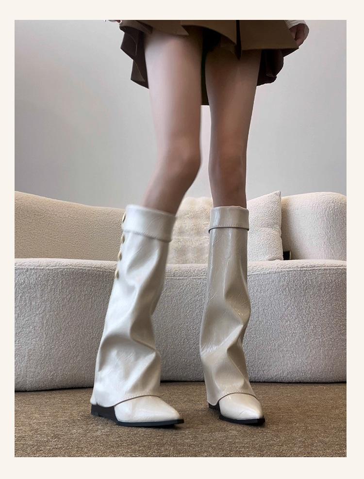 Verze z ovčí kůže ~ malé voňavé boty na klínku s špičatou špičkou dámské boty 2025 retro kozačky po kolena jezdecké boty