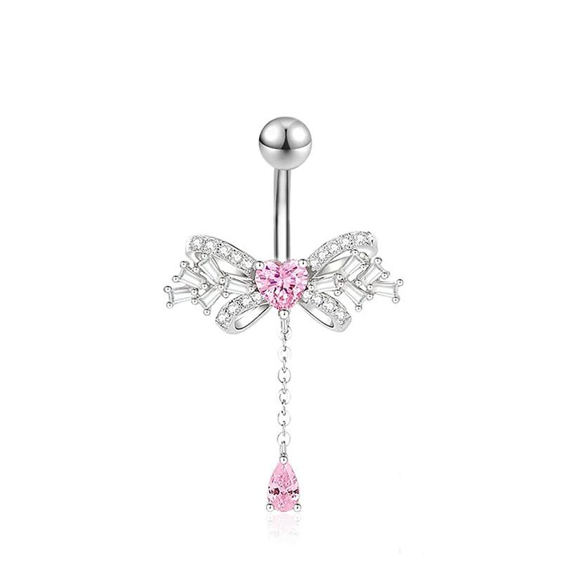 Pink Zircon Belly Button Rings Stainless Steel Heart Butterfly Navel Piercing Barbell For Women Beach Belly Ring Body Jewelry