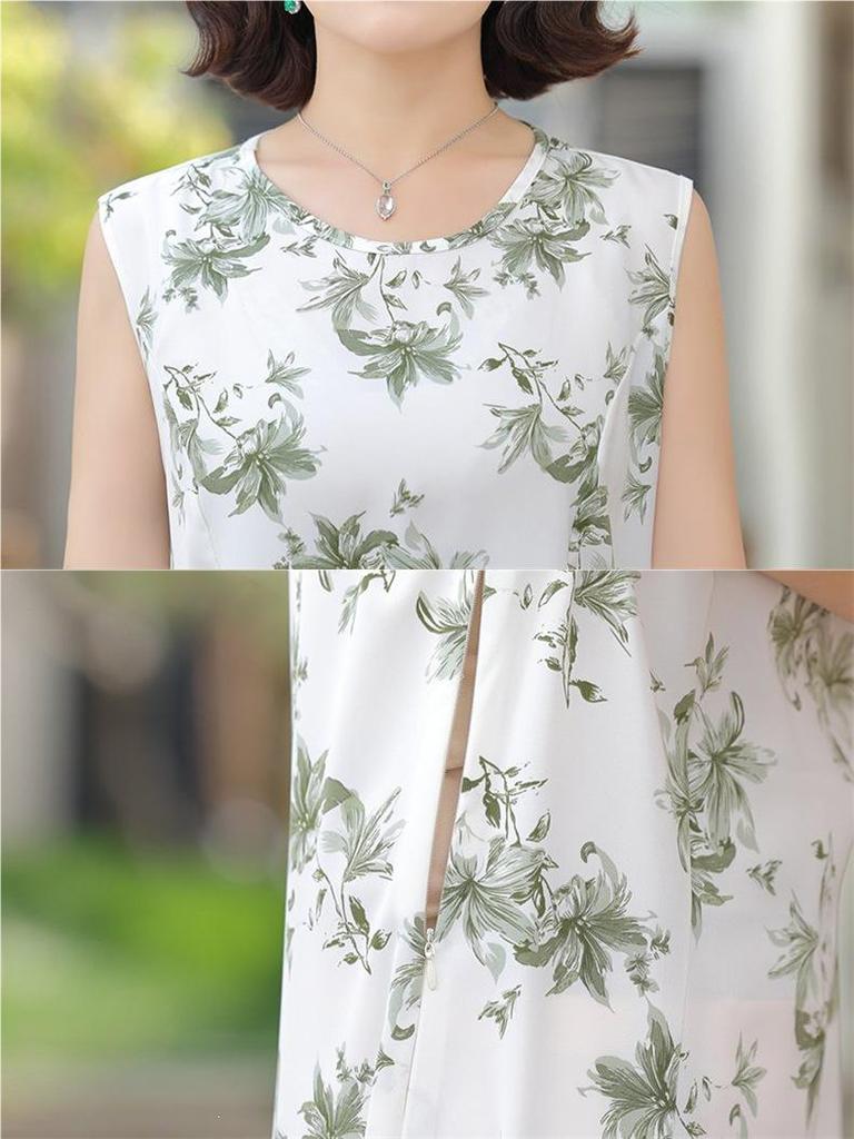 Elegant Loose-Fit Chiffon Dress with Wide-Leg Skirt for Middle-Aged and Elderly Women