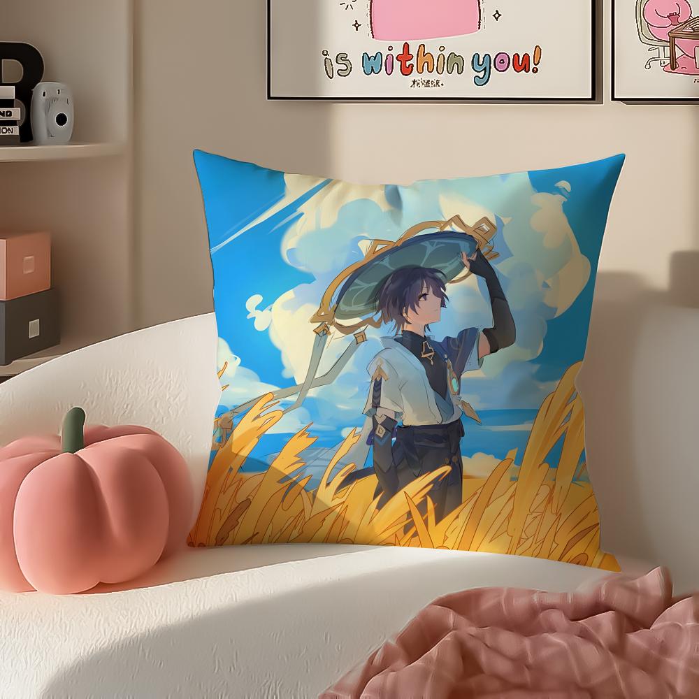 Game Genshin Wanderer Scaramouche Cushion Cover Pillowcase Short Plush Invisible zipper Room Sofa Cushion Cover