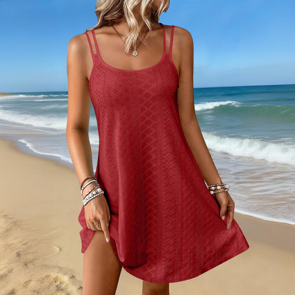 Womens  Cover Up Beach Vacation Tank Dress Eyelet Spaghetti Strap Summer Sundress