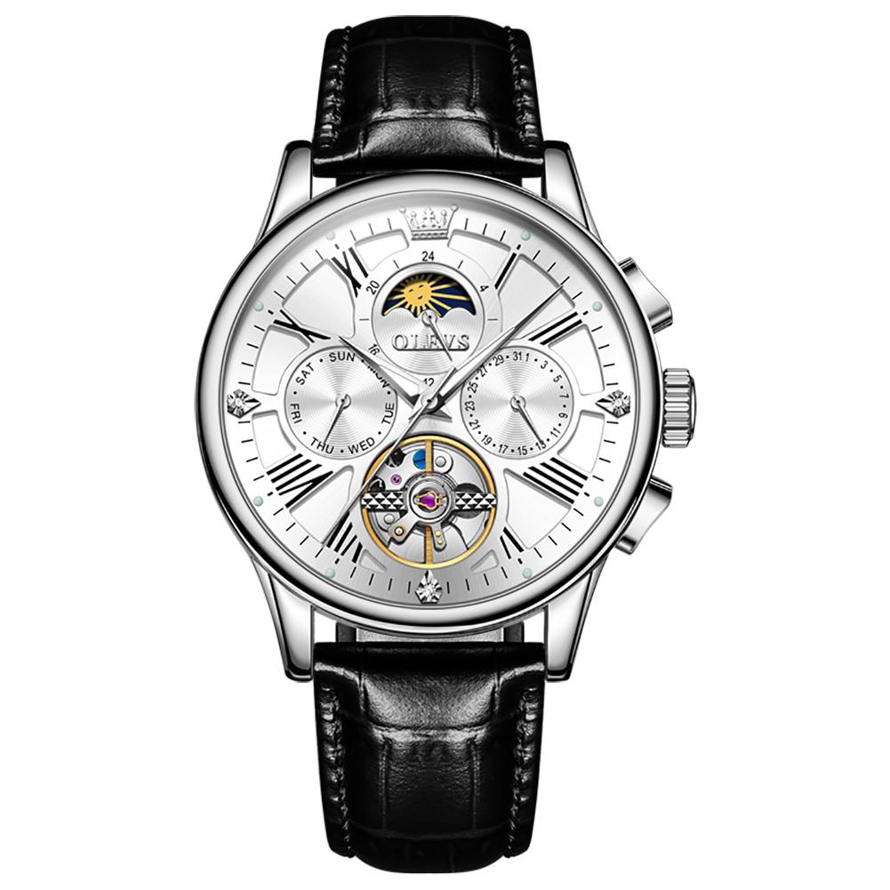 OLEVS Luxury Automatic Mechanical Watches for Men Leather Strap Calendar Week Tourbillon Man Watch Hollowed Men's Watches