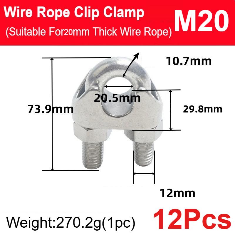 12 Pcs M12-M26 304 Stainless Steel Wire Rope Cable Clip Clamp U Bolt Saddle Fastener
