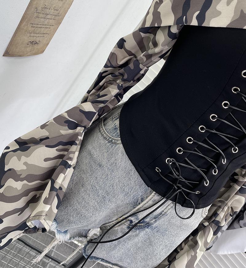 American Retro Camouflage Lace-up Pleated Shirt