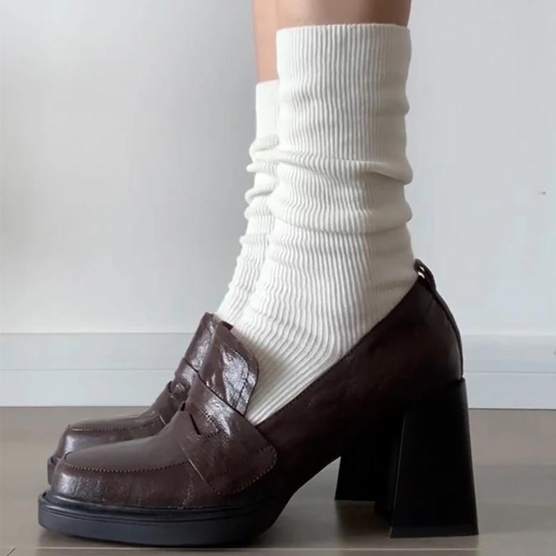 Soft Leather British Style Women's Summer Brown French Heel Loafers High Heel Single Shoes Comfortable Casual Square Toe