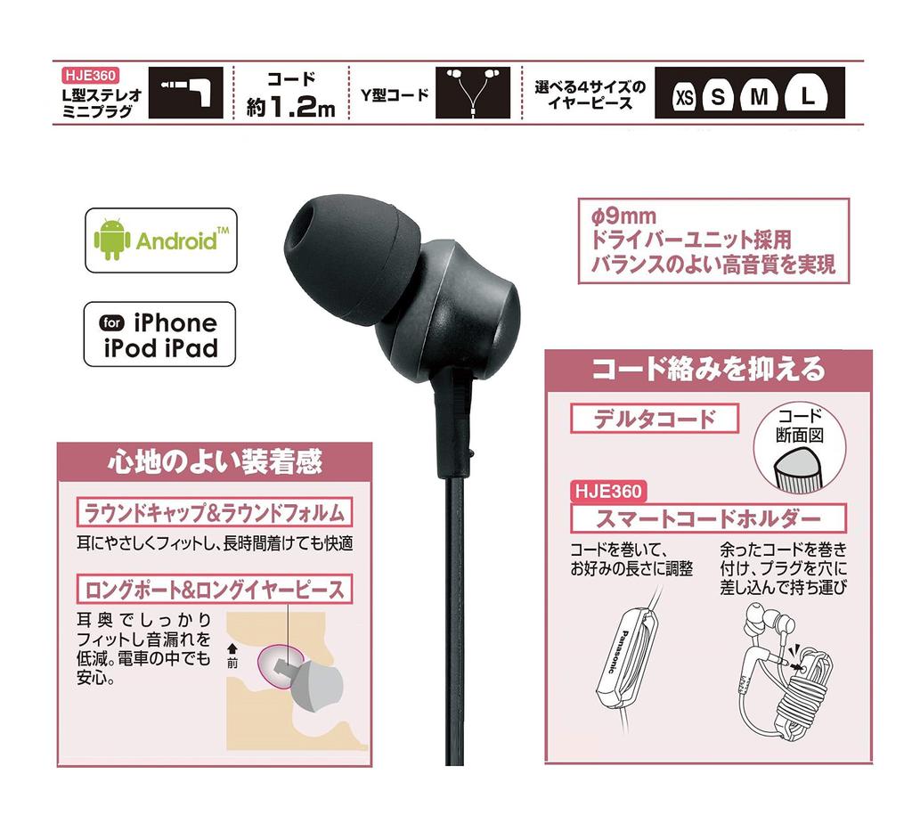 Panasonic In-Ear Earphones, Black, RP-HJE360-K