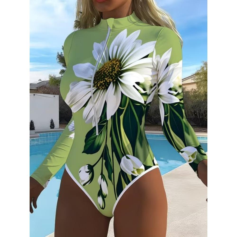 Kadın Uzun Kollu Tek Parça Mayo Fermuarlı Ön Vintage Çiçek Desenli Baskılı Rash Guard Sörf Mayo