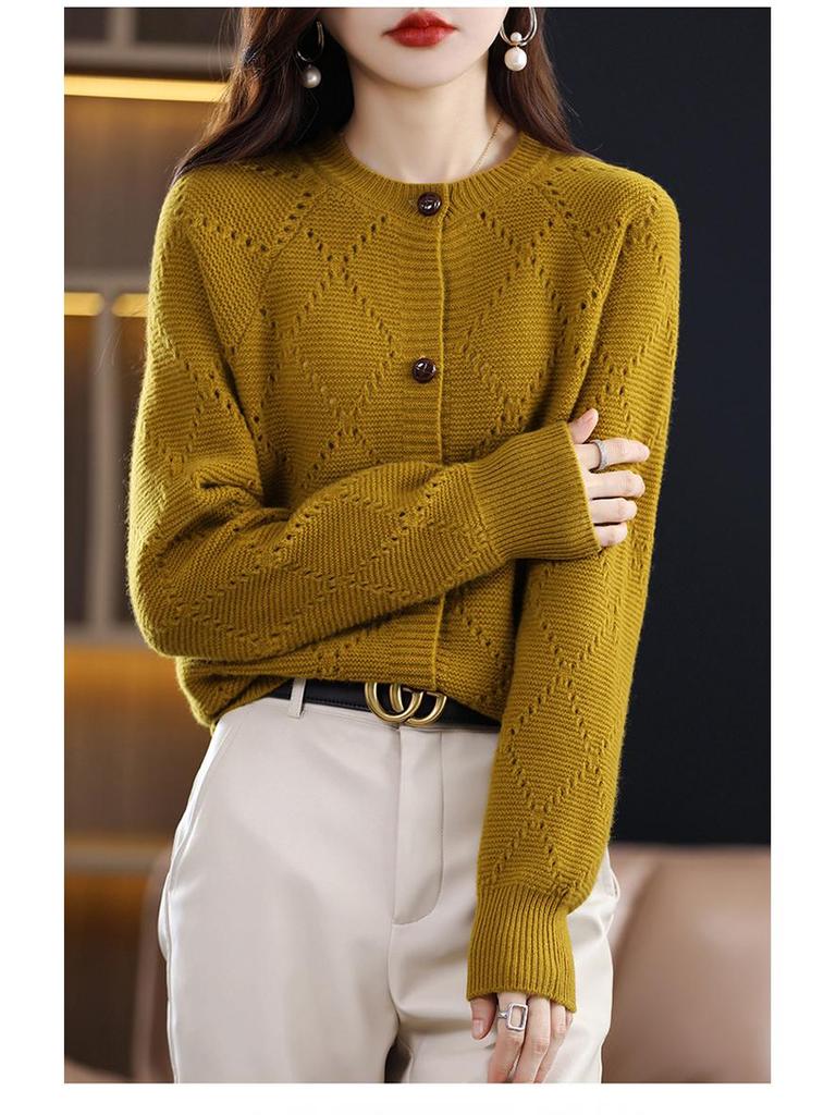 Damen Kaschmirwolle Strickjacke - Gestrickter Rundhals-Pullover für Herbst/Winter Mode