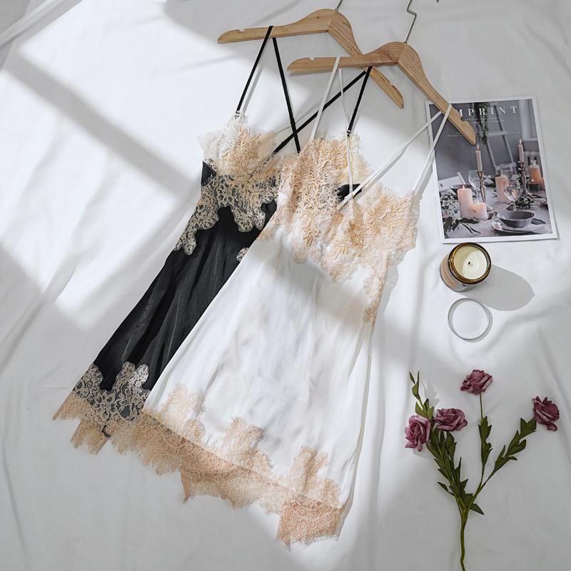 TERMEZY Satin Sleepwear Women Sexy Backless Nightdress Lace Patchwork Bifurcated Lace Up Pajama With Panty V Neck Sling Night Homewear