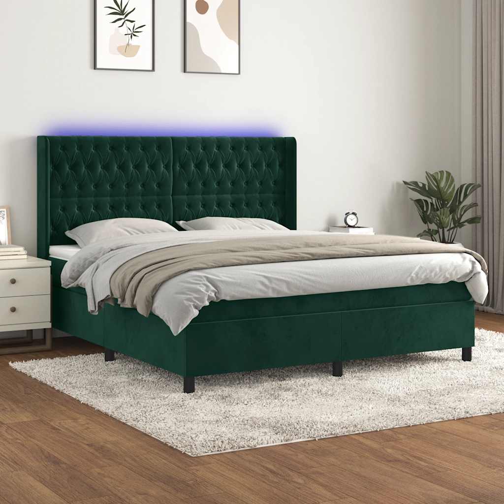 Box Spring Bed with Mattress & LED Dark Green 160x200 cm Velvet