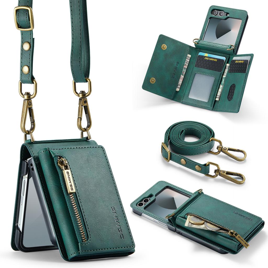 2 in 1 Luxury Leather Flip Phone Case For Samsung Galaxy Z Flip 8 7 6 5 4 3 Magnetic Wallet Card Solt Zipper Lanyard Cover
