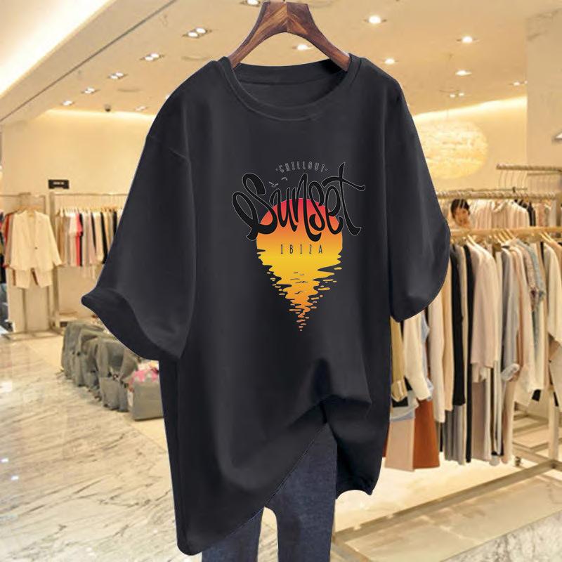 Pure cotton retro printing foreign versatile pure cotton short-sleeved black t-shirt women's summer new 2025 top ns tide