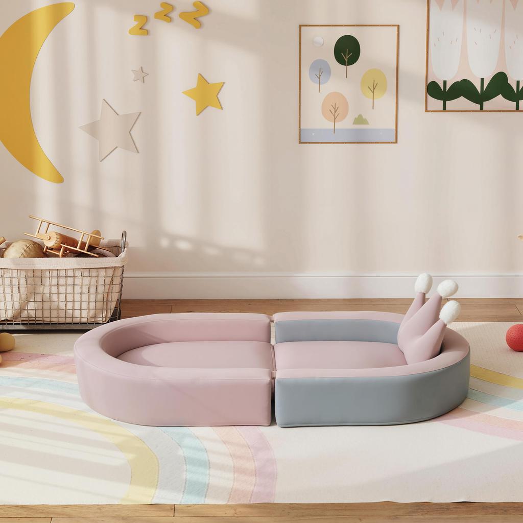 Children's Sofa Convertible into Bed and Play Area with Crown Cushion 116x61x14 cm Pink and Greyish Blue