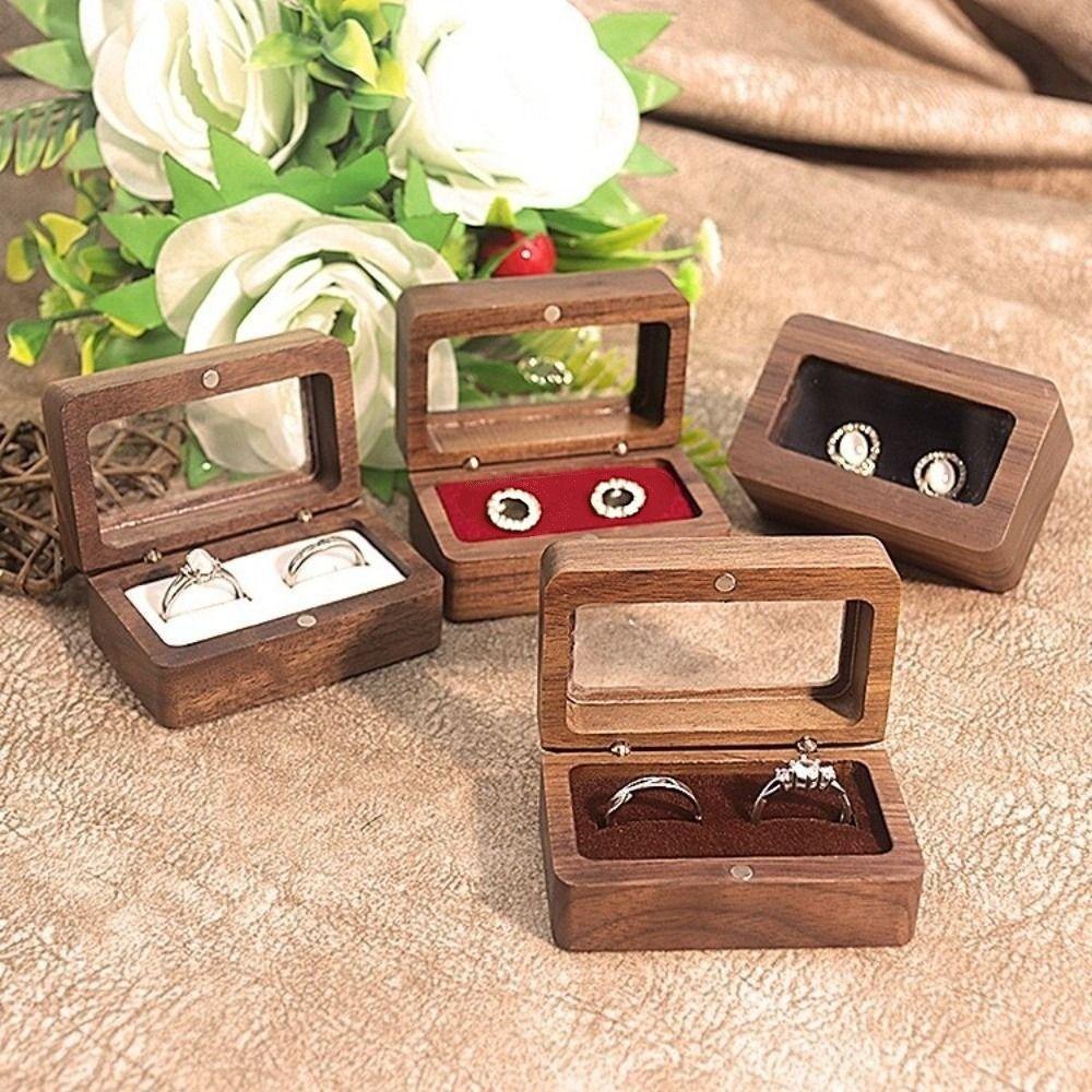 Double Slot Wooden Ring Box Rectangular Jewelry Ring Holder Black Walnut Cufflinks Box  Couples