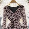 Sexy Tie-dye Printed V-Neck Long Sleeve Dress Women Chic Elegant Patchwork Vintage Midi Dresses Female Korean Fashion Casual One Piece Dress 2024