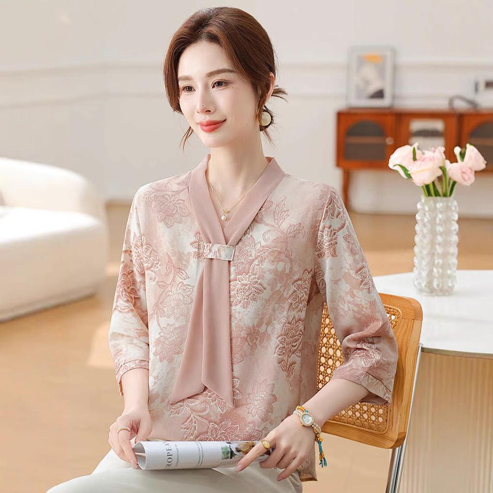 Fashion Printed Spring and Autumn Shawl Collar Women's Fashion Floral Checked Mid Sleeved Loose Chiffon Tops