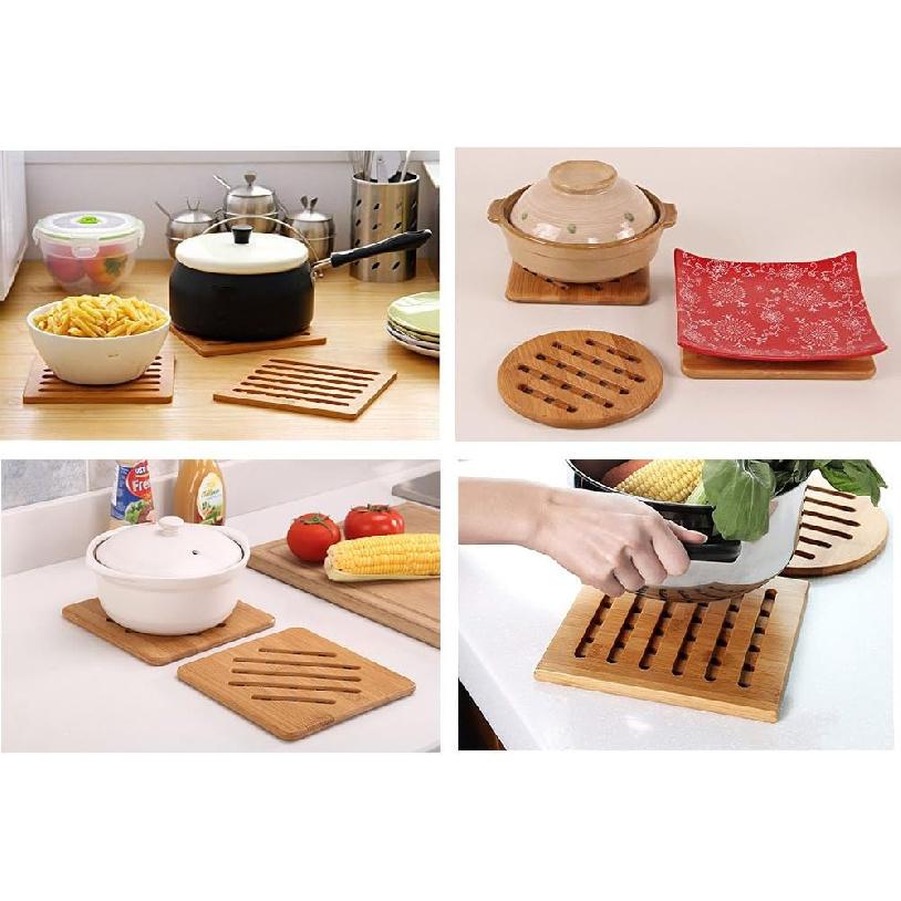 Natural Bamboo Trivet Mat Set, Kitchen Wood Hot Pads Trivet, Heat Resistant Pads for Hot Dishes/Pot/Bowl/Teapot/Hot Pot Holders, Anti-Hot Non-Slip