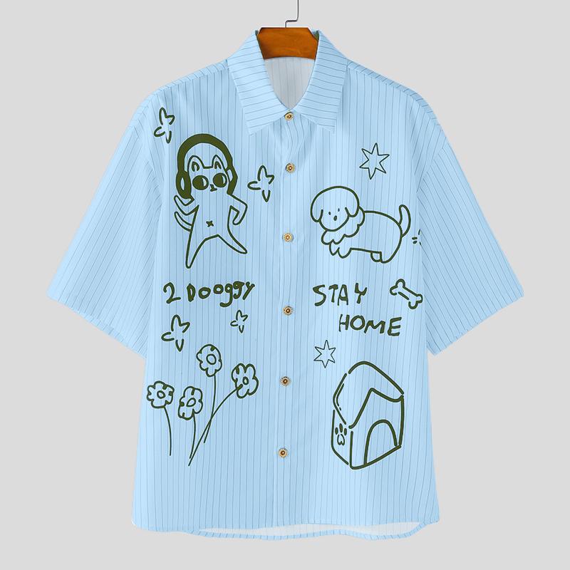 

INCERUN Oversized Men Lapel Neck Half Sleeve Striped Cartoon Casual Shirts 5XL светло-синий