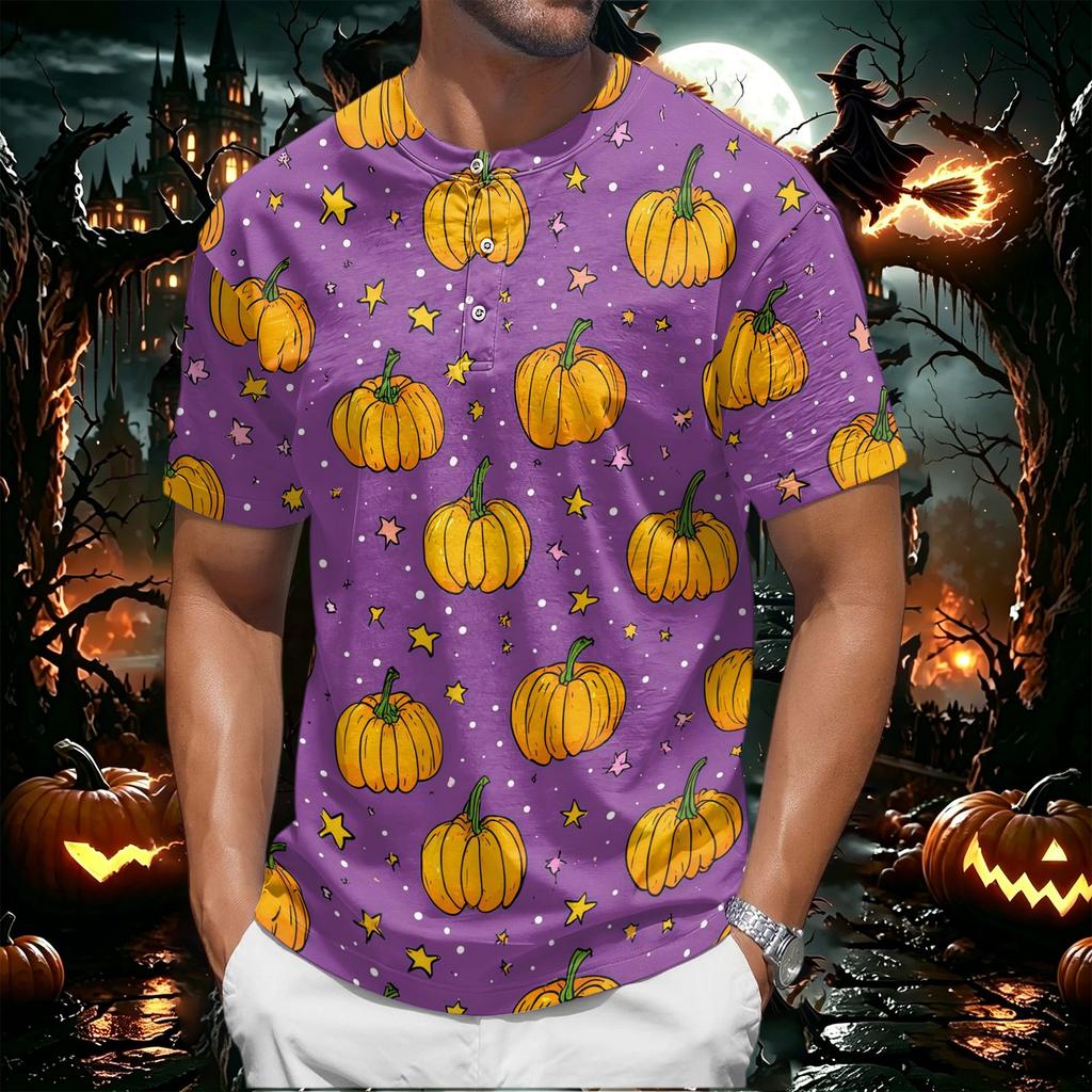 Men's Halloween Print Short Sleeve Henley Shirt Casual Button Up T-Shirt Lightweight Breathable Fabric for Everyday Wear