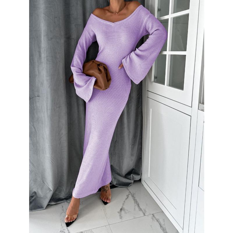 

Жіноча мода весна-осінь суцільний колір принт довгими рукавами з V-подібним вирізом та високою талією повсякденні сукні XXL фіолетовий