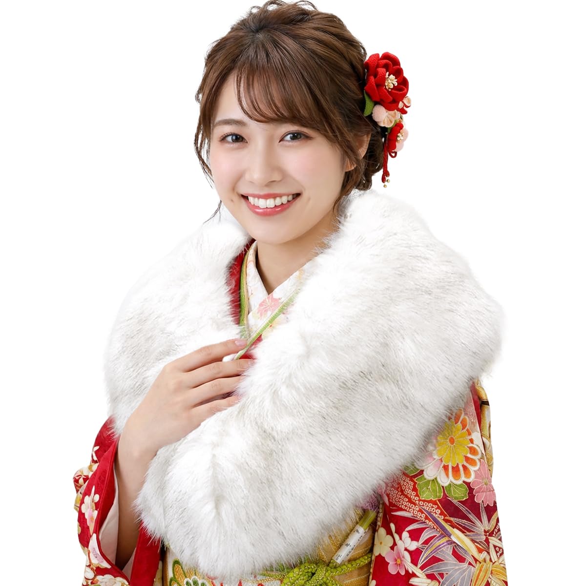 [Kyoto Usagido] Faux Fur Shawl for Kimono, Coming-of-Age Ceremony, Stole, sh-016, WhiteGray, Warm, Blue Fox Style