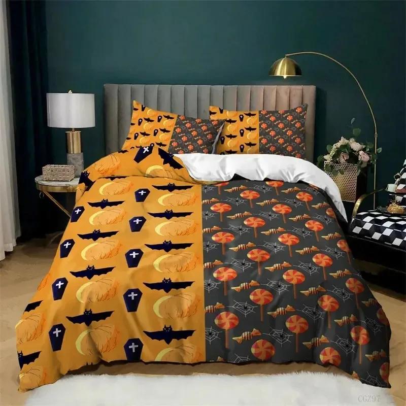Cartoon Pumpkin Duvet Cover Gothic Halloween Skull Bedding Set Polyester Lantern Ghost Comforter Cover King For Boys Girls Decor