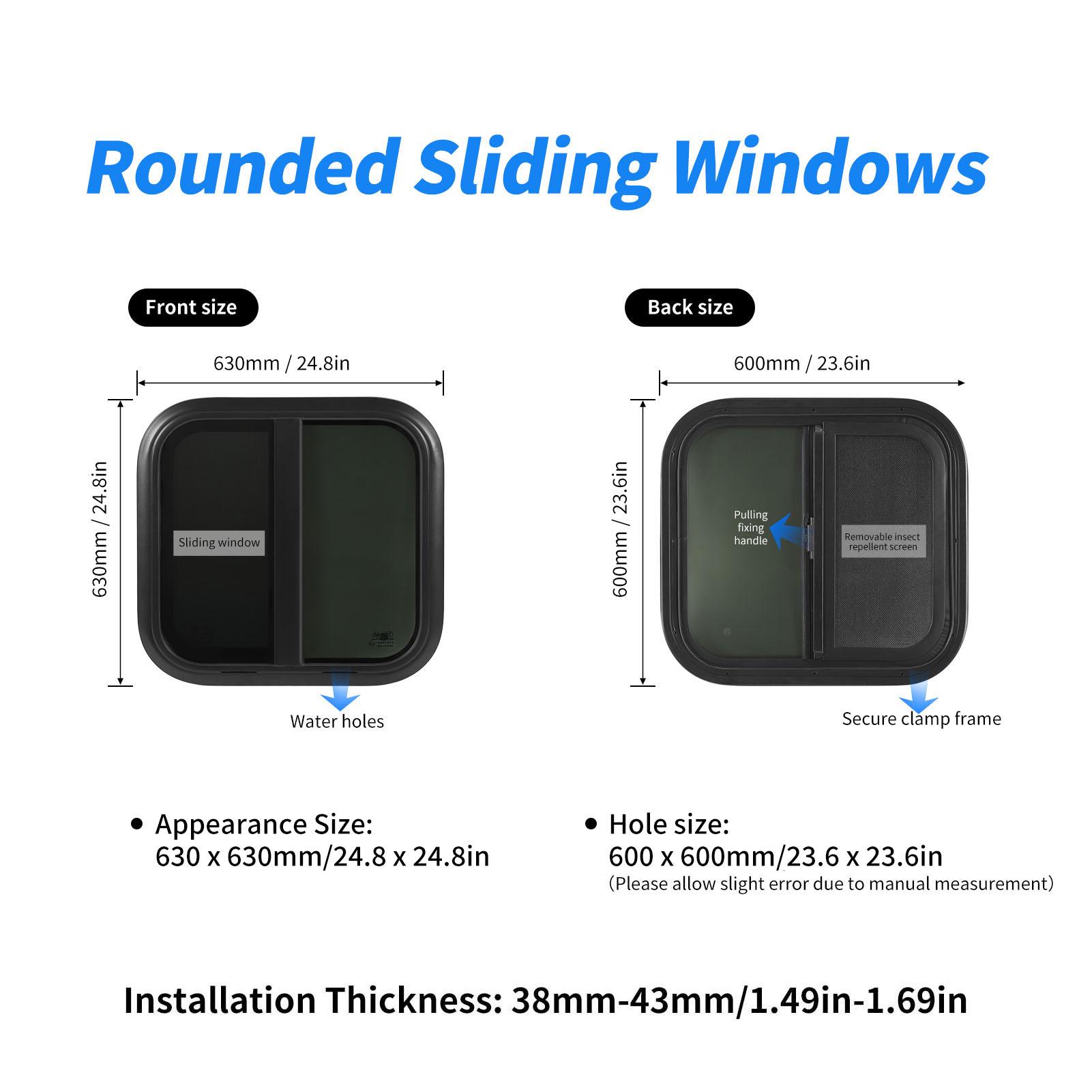 600x600mm RV Rounded Black Aluminium Alloy Sliding Window UV Resistant Removable Insect Screen for Caravan  RV