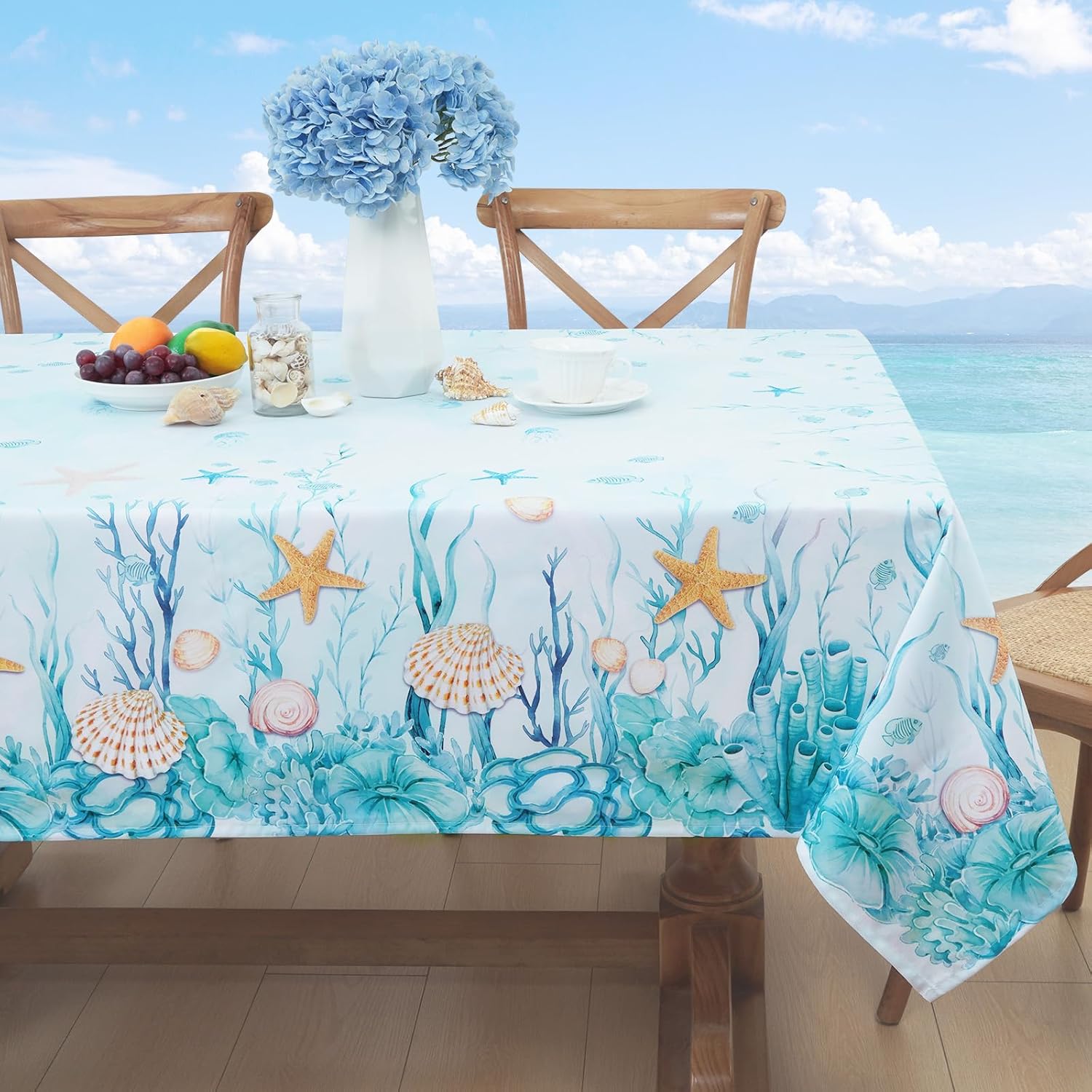 

Ocean Nautical Coral Starfish Seashell Tablecloth Table Decor Waterproof Farmhouse Kitchen Dining Table Cloth Party Decoraitons 50x50cm napkin