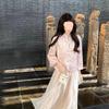Women's Pink Hanfu-Style Short Jacket with Frog Buttons and Embroidery - Spring/Autumn