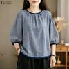 ZANZEA Women Casual Round Neck 3/4 Sleeve Grid Print Loose Blouse