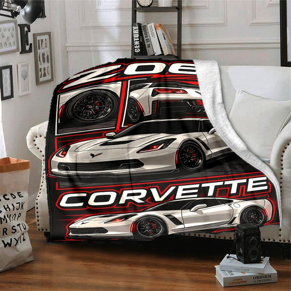 1pc Corvette Z06 Car Blanket Lightweight Flannel Blanket Throw Blanket For Sofa, Bed, Travel, Camping, Livingroom, Office, Couch