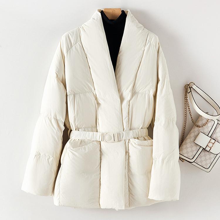 Women Down Jacket Casual Loose Belt V Neck Collar Fashion Autumn Winter Outwear Coat