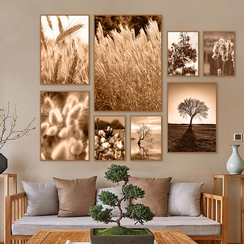 Canvas Painting Autumn Natural Poster Sunset Tree House Grass Reed Wheat Wall Art Print Pictures Living Room Home Decor