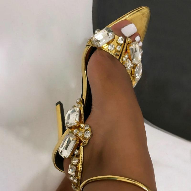 Fashion 11cm New Pointed Head Gold Rivet Rhinobason Fine Heels Summer Sandals European And American Fashion Shoes
