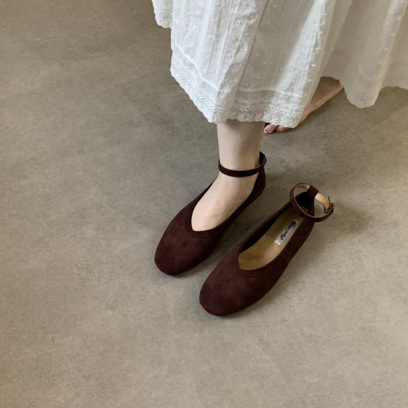 Retro Suede Round Head Shallow Mouth Ladyshoes Single Shoes Women's 2025 Spring and Autumn New Soft-soled Ankle Buckle with Mary Jane Boat Shoes