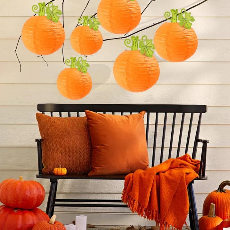 Halloween Round Paper Pumpkin Hanging Lantern Decoration for Thanksgiving Fall Festival Indoor Outdoor Party Patio Home Holiday Scene Decor Supplies