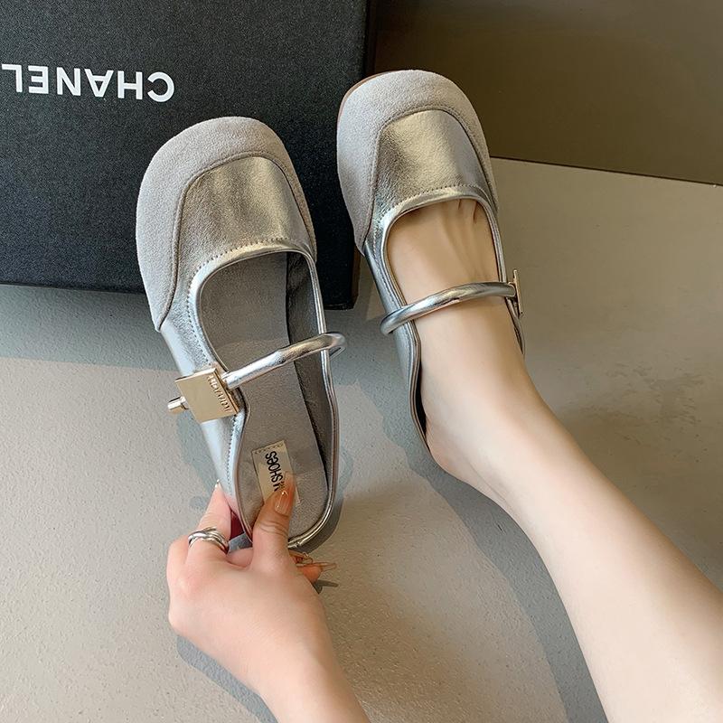 

Женские тапочки Baotou, летние новые французские элегантные туфли с круглым носком, удобные плоские мюли, женские повседневные легкие туфли Мэри Джейн 35 серебряный