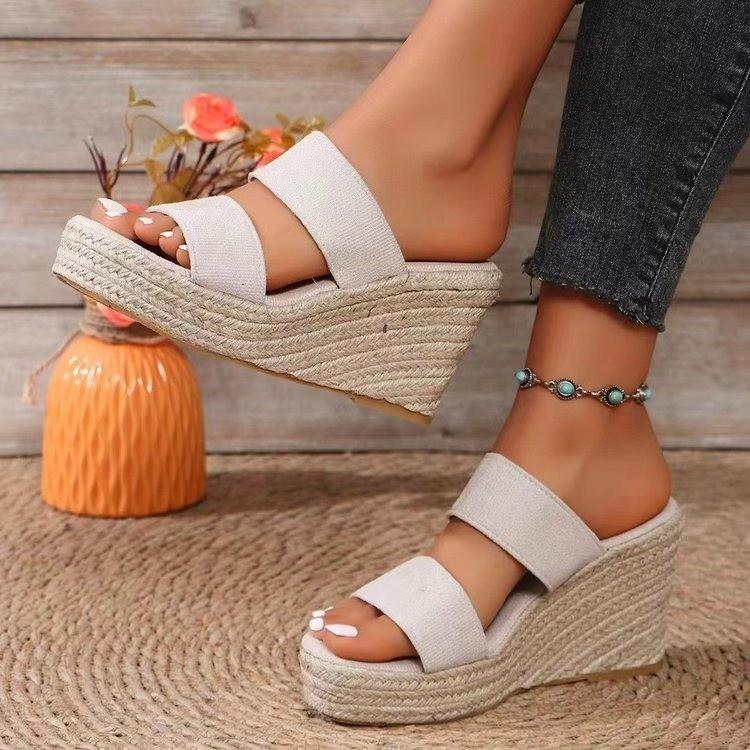Rope-Woven Sole Wedge One-Band Slippers – Large-Size Platform Height-Increasing Thick Sole Beach Sandals for Women