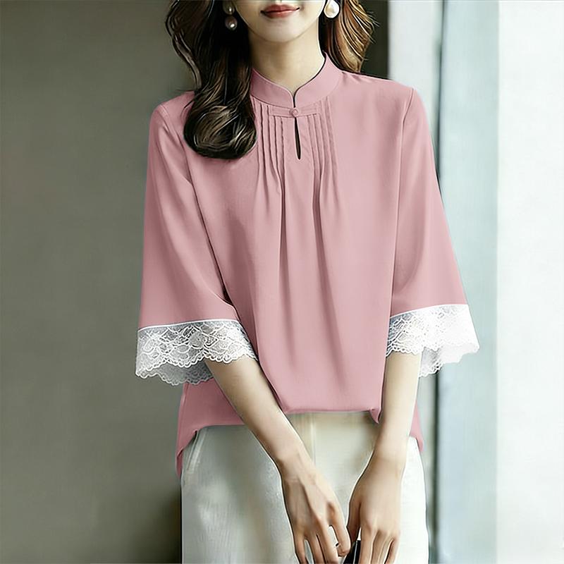 ZANZEA Women Casual Stand Color Lace Splice 3/4 Sleeve Loose Blouse