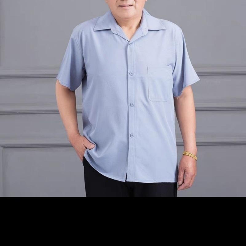 Men's Lightweight Breathable Short Sleeve Shirt Casual Loose Fit Solid Color Button-Down Summer Top for Middle-aged and Elderly