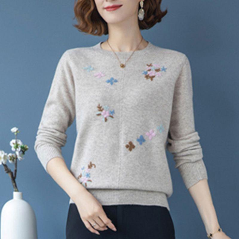 Spring Autumn Women's Crewneck Sweater Embroidered Loose Plus Size Knitwear Pullover Stretch Knit Top