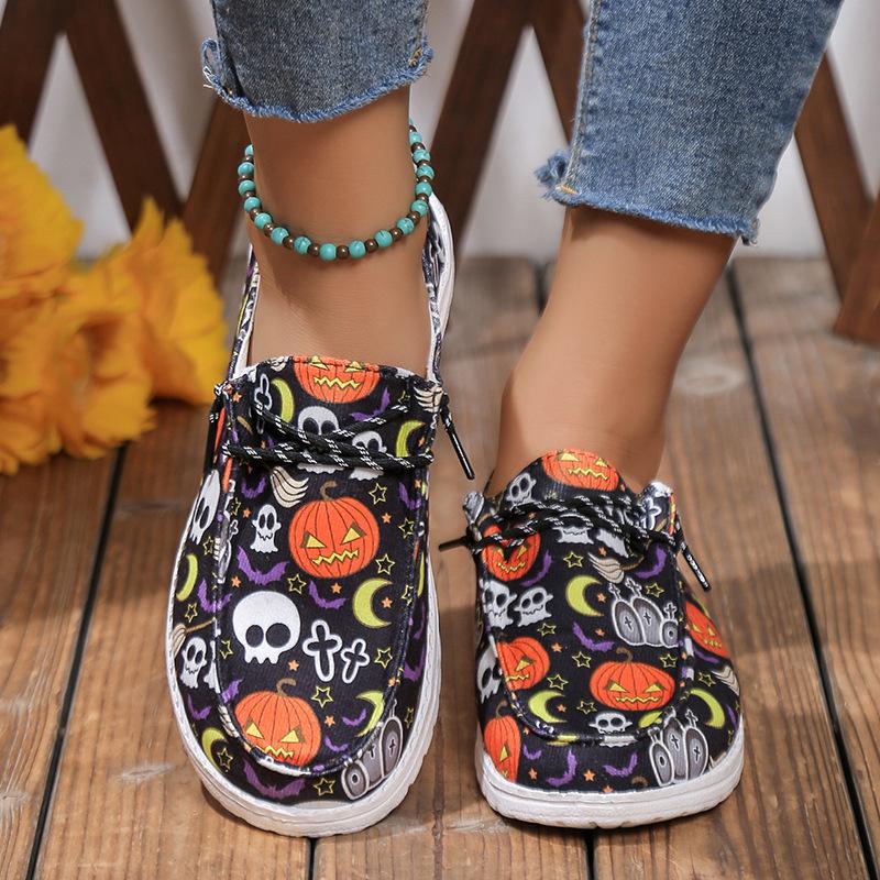 Women's Fashion Halloween Pumpkin Print Canvas Low Top Sneakers Platform Slip On Flats Loafers Shoes for Women Casual Walking Canvas Sneakers Shoes