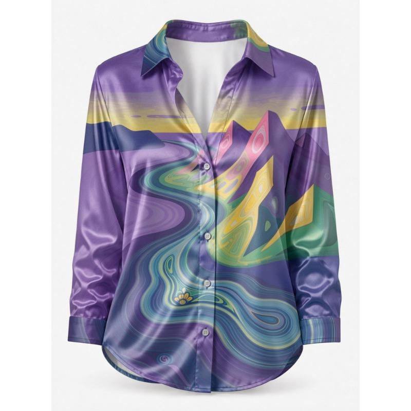 Champagner Wildblumen Satinbluse für Damen Langarm Hemd mit Knöpfen Boutique Shopping Garten Café Elegantes Lässiges Oberteil