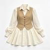 Fake Two-piece Vest Shirt Skirt Woman Autumn Waist Thin Lantern Sleeves Big Swing Short Skirt College Style Commuter Small Man