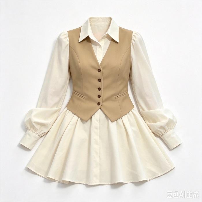 Fake Two-piece Vest Shirt Skirt Woman Autumn Waist Thin Lantern Sleeves Big Swing Short Skirt College Style Commuter Small Man
