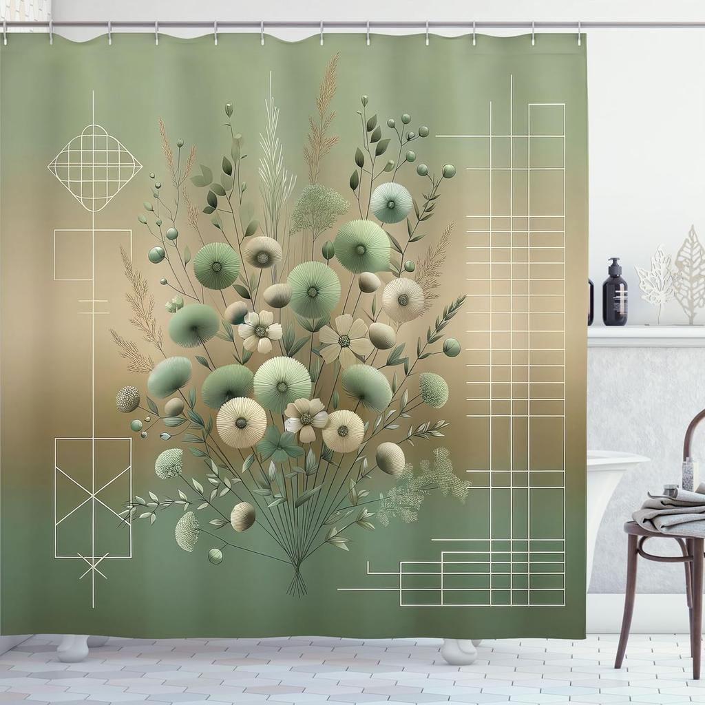 Sage Green Shower Curtain, Modern Japanese Floral Huddle With Geometric Lines On Blurry Effect Back, Cloth Fabric Bath