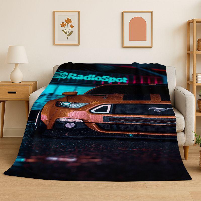 Retro Mustang Racing Car Sign Flannel Blanket Soft Warm Throw Blanket for Bedroom Living Room Bed Travel Camping Picnic Gift